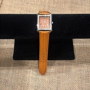 Genevex Women’s Watch Silver Tone Pave Bezel Cognac Leather Band